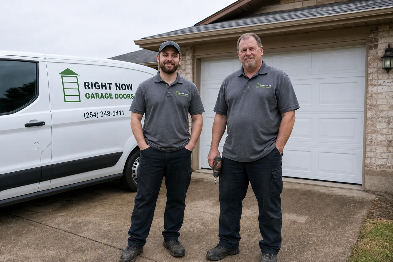 Right Now Garage Doors technicians and service van outside a home in Killeen, TX